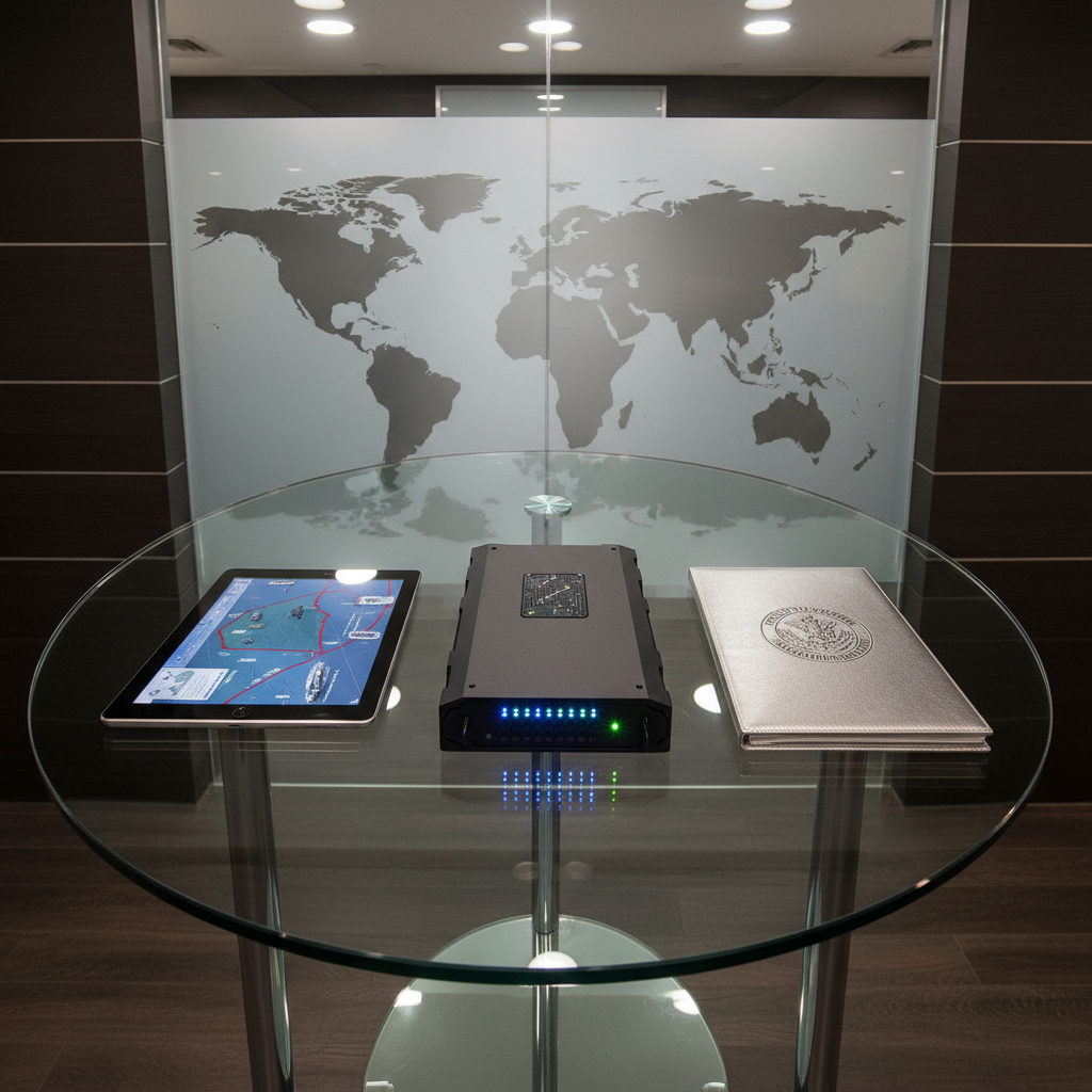 A circular, glass-topped table holds a precisely arranged cluster of objects: a secure-looking black hardware encryption device with tiny indicator lights, a slim silver government-style document folder stamped with an embossed emblem, and a glossy tablet showing a satellite view of a contested maritime region. The setting is a modern institutional meeting room with dark wood paneling and a large, abstract world map etched into frosted glass in the background. Overhead recessed lighting creates soft, even illumination, with subtle reflections on the glass and metal surfaces. Captured from directly above in a clean, symmetrical composition, the scene has sharp focus throughout, emphasizing order, control, and the intersection of technological infrastructure with formal governance in a photographic, sophisticated style.