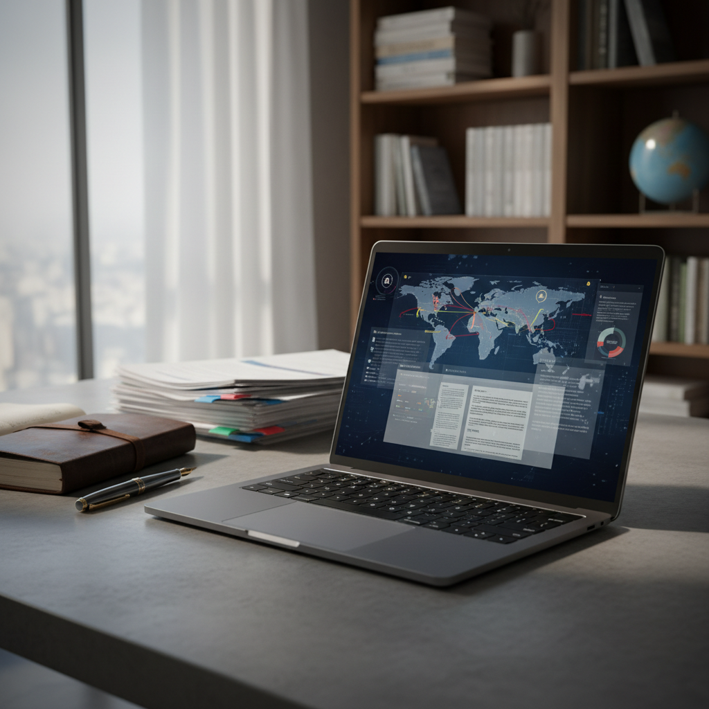 An ultra-thin, open laptop with a dark brushed aluminum finish rests on a tidy concrete desk, its high-resolution screen displaying a layered dashboard of world maps, cyber threat alerts, and policy documents. Beside it lies a leather-bound notebook, a heavy fountain pen, and a stack of printed briefing papers with color-coded tabs. Soft morning light filters through sheer curtains from a nearby window, creating gentle highlights on the metal surfaces and paper edges, while a subtle vignette darkens the corners. Shot from a slightly elevated three-quarter angle with medium depth of field, the background fades into a blurred bookshelf filled with policy reports and atlases. The photographic realism and muted color palette convey a focused, intellectual atmosphere blending institutional practice and deep analysis.