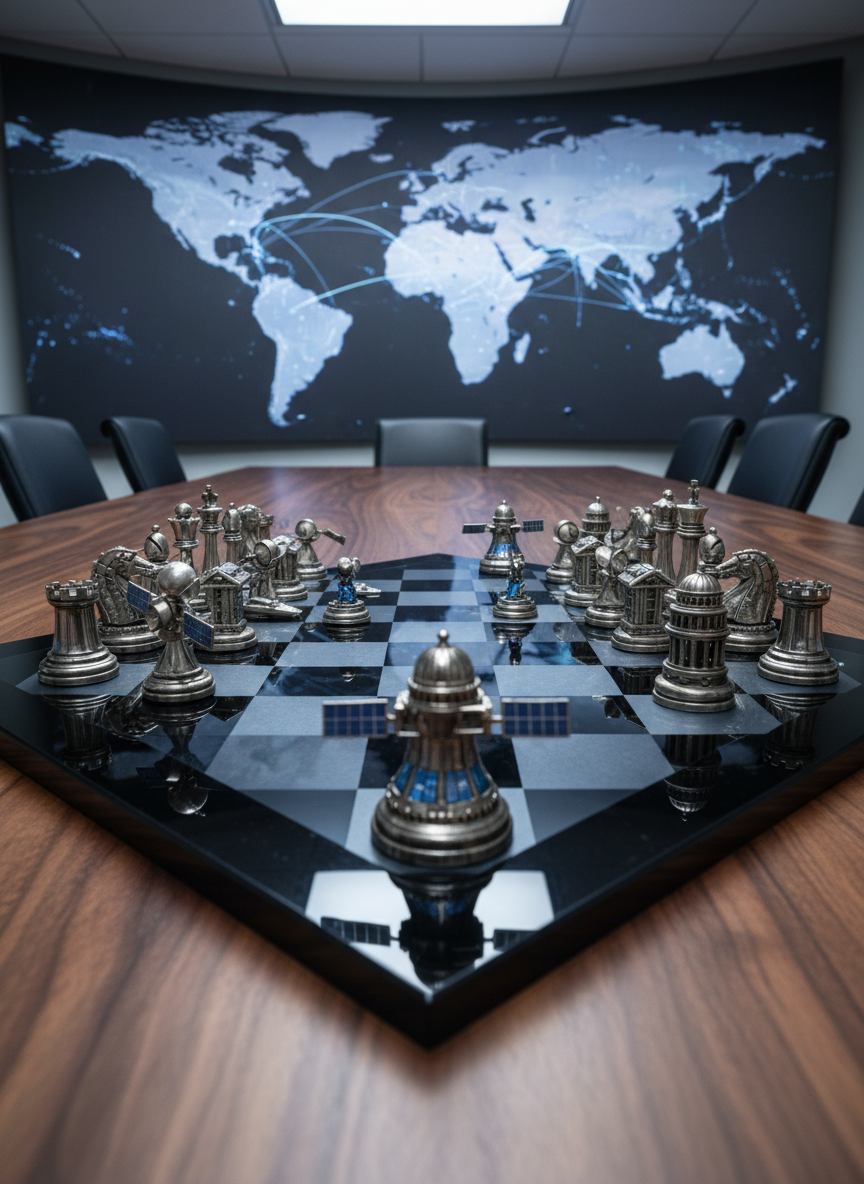 A polished obsidian chessboard with heavyweight metallic pieces shaped as satellites, data centers, warships, and legislative buildings is arranged mid-game on a smooth walnut conference table. Behind it, an enormous wall-mounted digital world map glows softly, crisscrossed by faint fiber-optic style lines. Cool, diffused studio lighting from the side emphasizes the reflective metal textures and the grain of the wood, casting precise, elongated shadows from the pieces. The composition uses a shallow depth of field from a low, close angle at board level, making the nearest piece monumental while the map blurs into abstract color. The atmosphere is strategic and analytical, with a clean, modern, photographic aesthetic that suggests complex geopolitical decision-making in the age of technology.